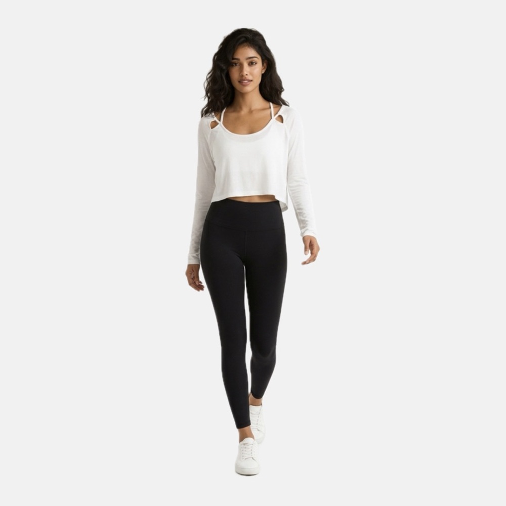 FREE PEOPLE MOVEMENT Cropped White Long Sleeve Top with Cutout Detail